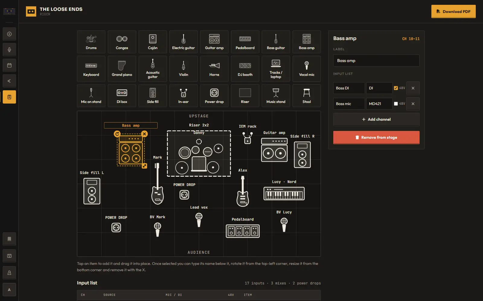 Songtape technical rider with a stage plot and an input list